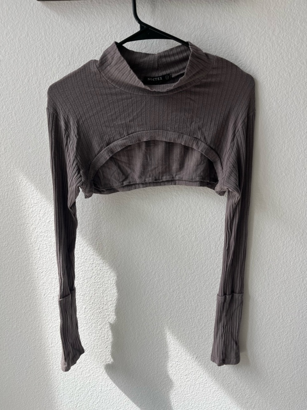 Zoe Shrug by Noctex-Ribbed Long-Sleeve Cutout Crop Top in Taupe